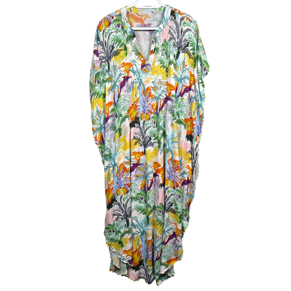 Soft Surroundings Kaftan Dress Womens S/M Multi‎ Tropical Palm Pintuck Beaded